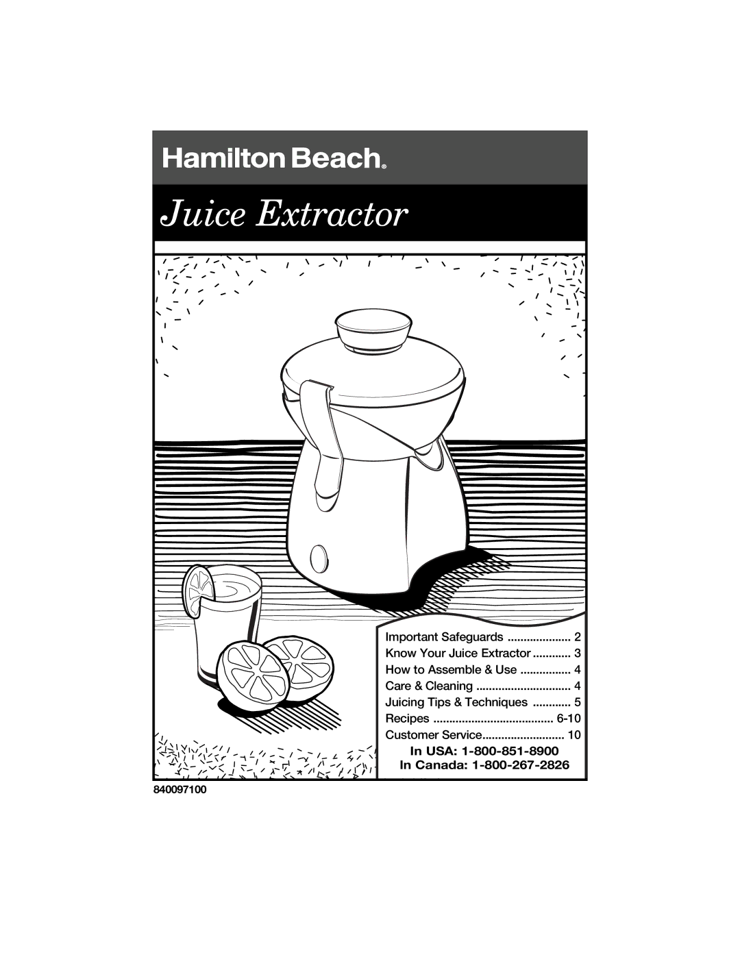 Hamilton Beach 840097100 manual Juice Extractor 