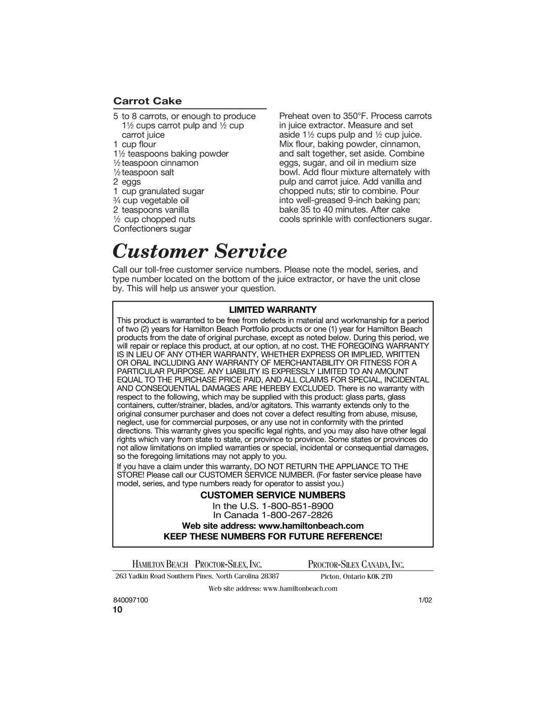 Hamilton Beach 840097100 manual Customer Service, Carrot Cake 