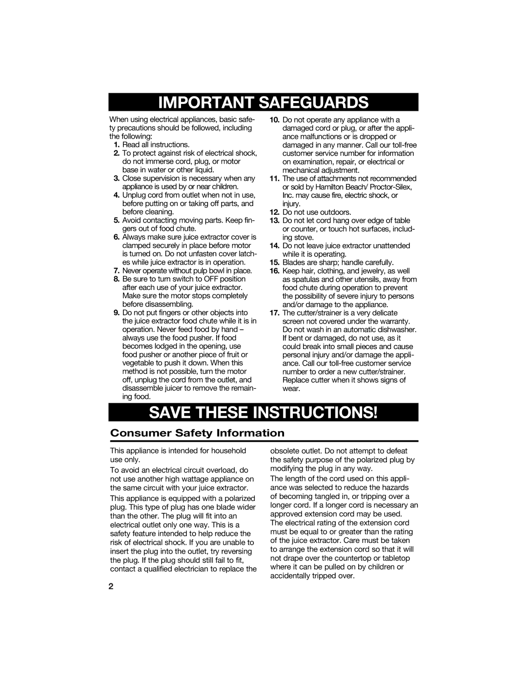 Hamilton Beach 840097100 manual Important Safeguards 