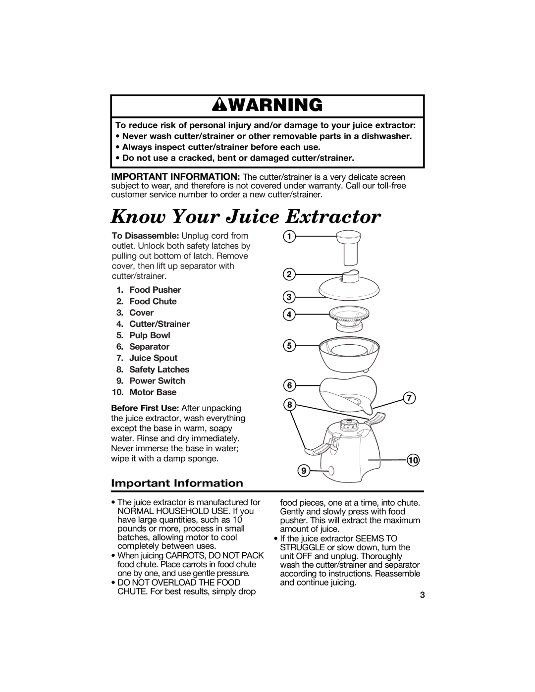 Hamilton Beach 840097100 manual Know Your Juice Extractor, Wwarning 