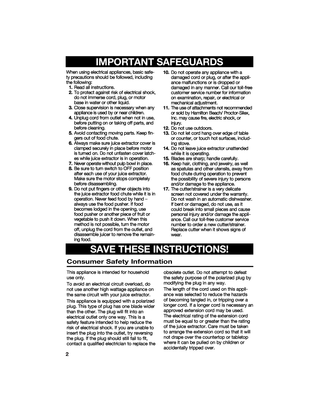 Hamilton Beach 840097100 manual Consumer Safety Information, Important Safeguards, Save These Instructions 