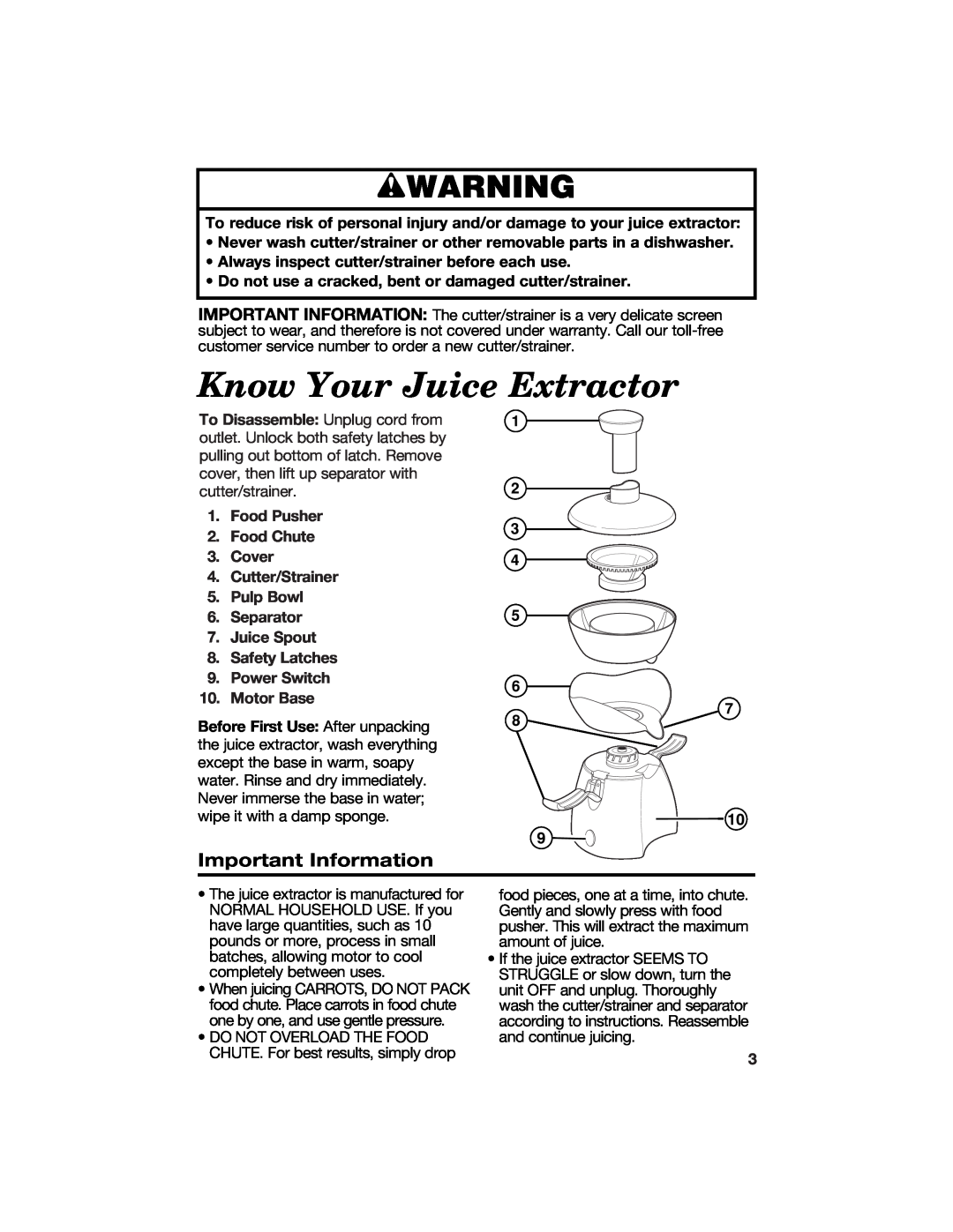 Hamilton Beach 840097100 manual Know Your Juice Extractor, Important Information, wWARNING 