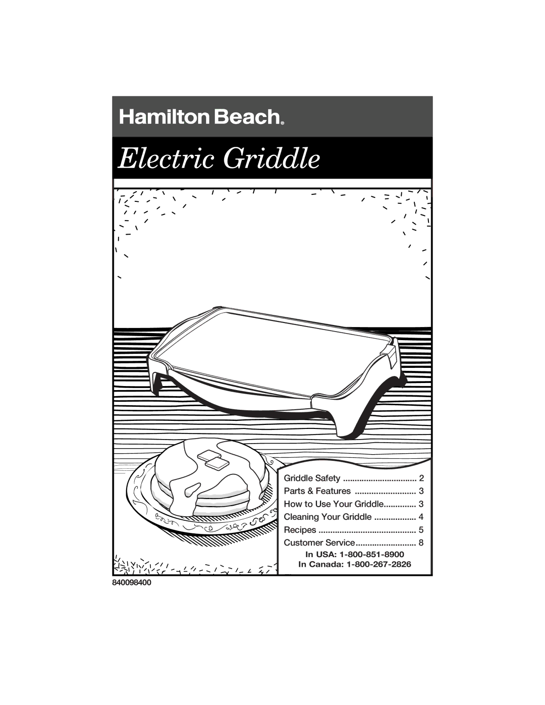 Hamilton Beach 840098400 manual Electric Griddle 