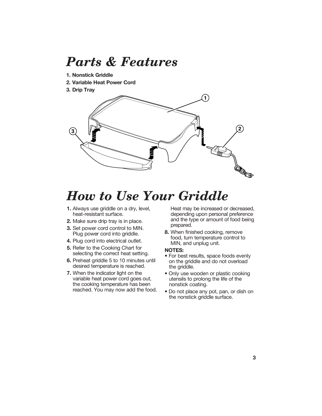 Hamilton Beach 840098400 Parts & Features, How to Use Your Griddle, Nonstick Griddle Variable Heat Power Cord Drip Tray 