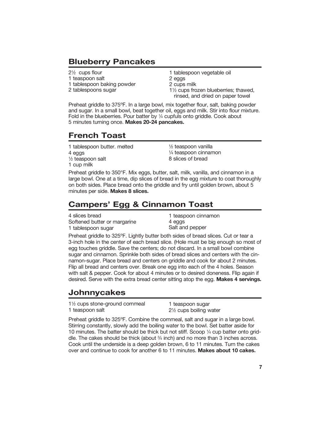 Hamilton Beach 840098400 manual Blueberry Pancakes, French Toast, Campers’ Egg & Cinnamon Toast, Johnnycakes 