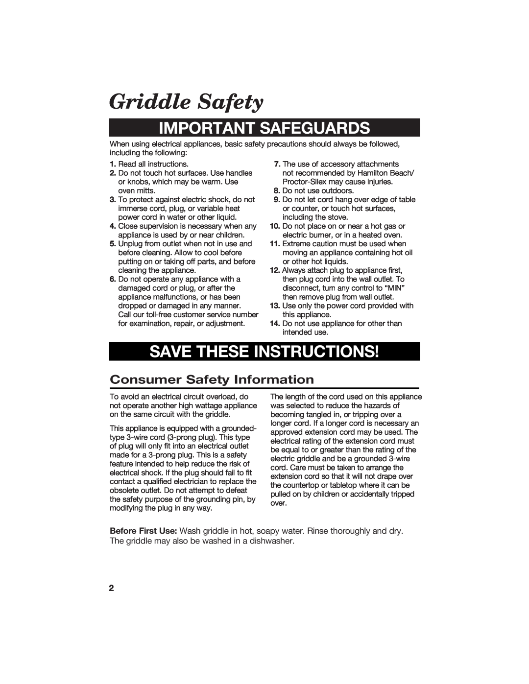 Hamilton Beach 840098400 manual Griddle Safety, Consumer Safety Information, Important Safeguards, Save These Instructions 