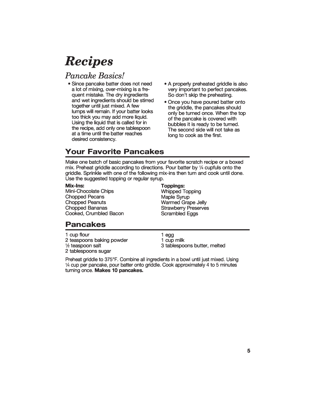 Hamilton Beach 840098400 manual Recipes, Your Favorite Pancakes, Mix-Ins, Toppings, Pancake Basics 