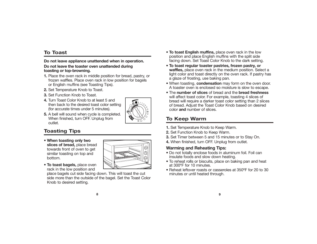 Hamilton Beach 31116Y, 840099000 manual To Toast, Toasting Tips, To Keep Warm, Warming and Reheating Tips 