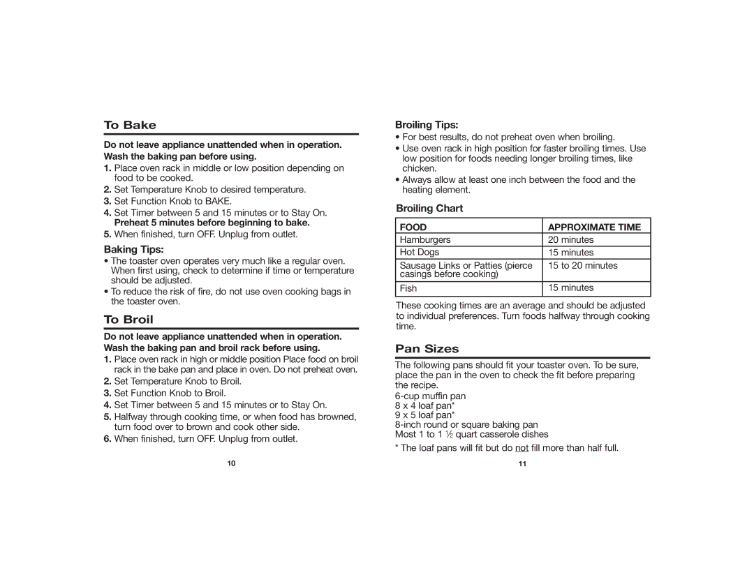 Hamilton Beach 840099000, 31116Y manual To Bake, To Broil, Pan Sizes 