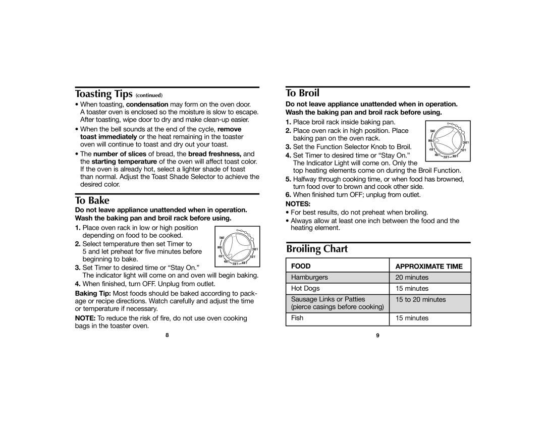 Hamilton Beach 840099300 manual To Bake, To Broil, Broiling Chart, Food Approximate Time 