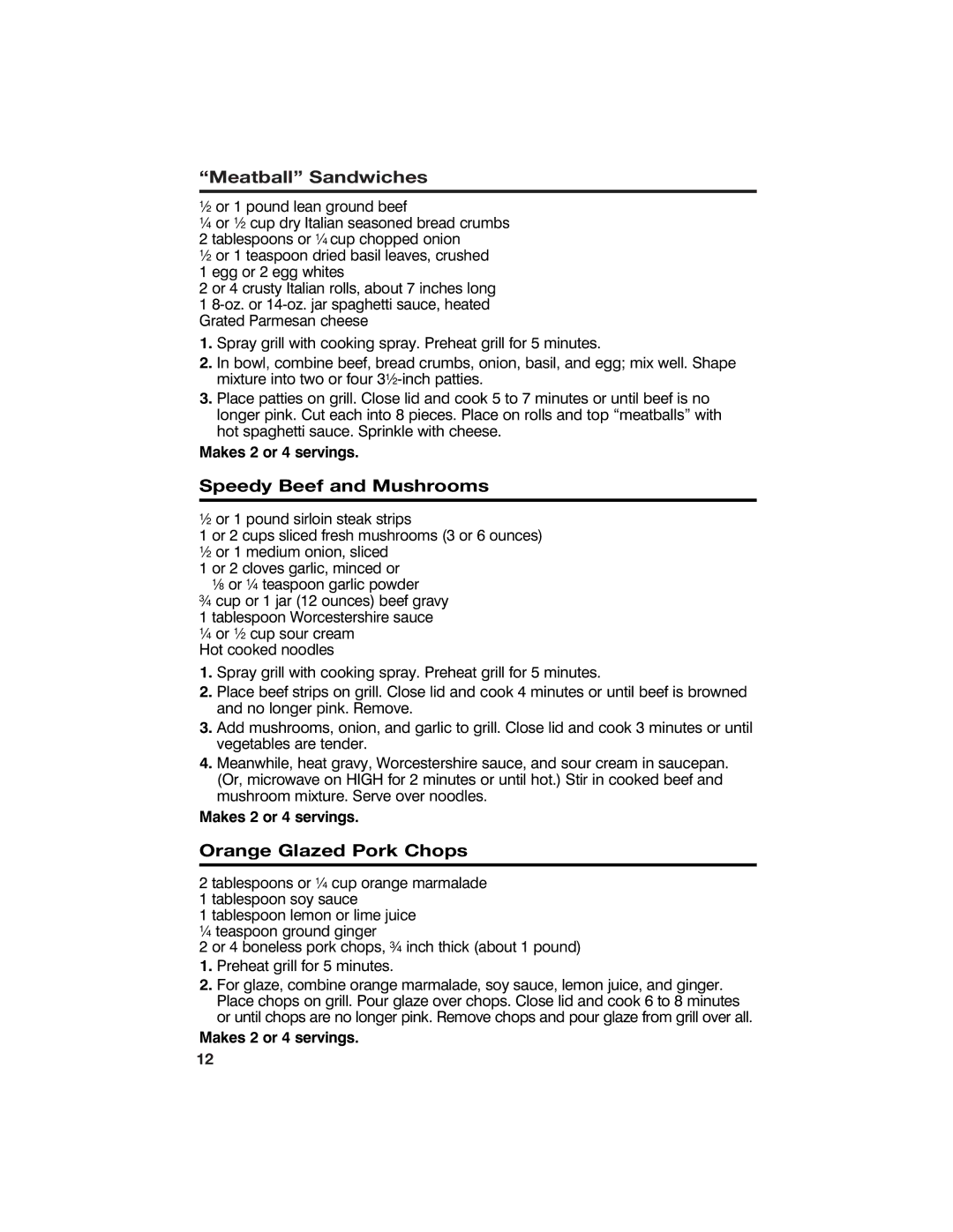 Hamilton Beach 840100500 manual Meatball Sandwiches, Speedy Beef and Mushrooms, Orange Glazed Pork Chops 