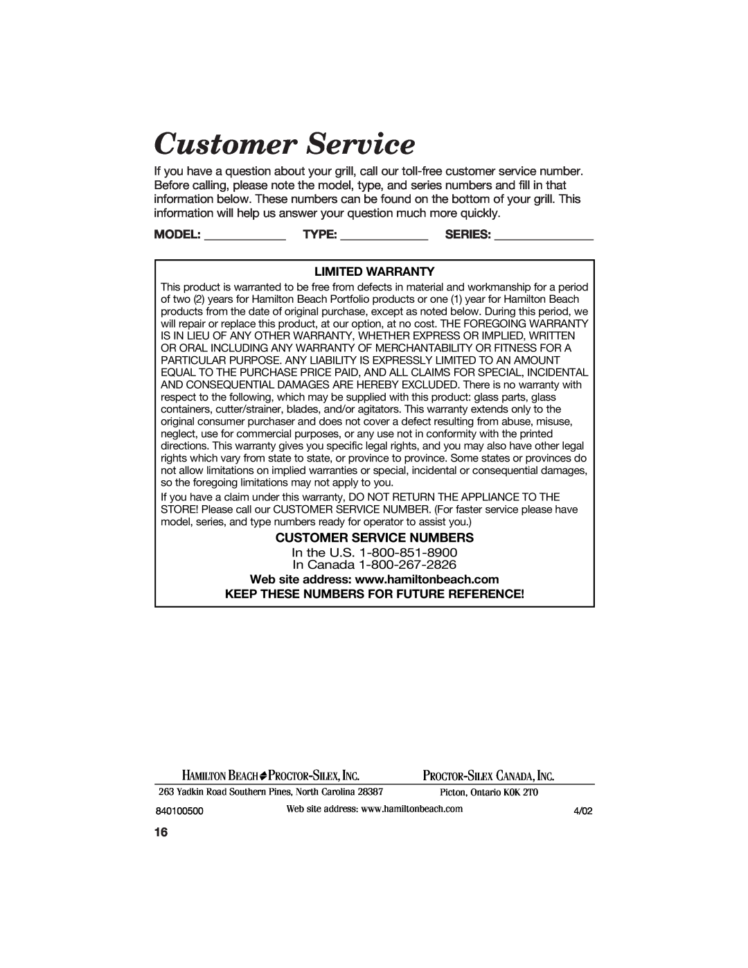 Hamilton Beach 840100500 manual Customer Service Numbers, Proctor-Silex,Inc 