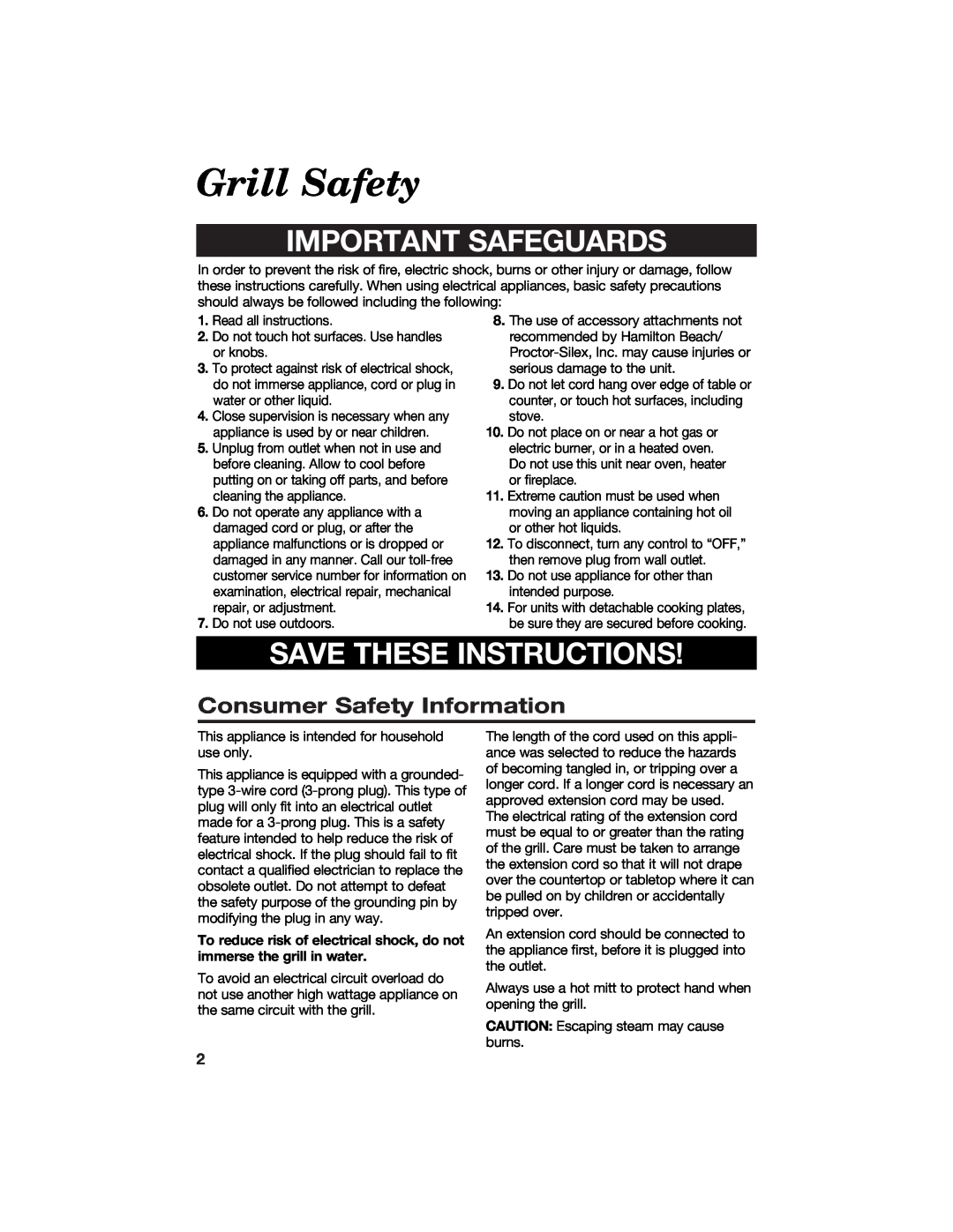 Hamilton Beach 840100500 manual Grill Safety, Consumer Safety Information, Important Safeguards, Save These Instructions 