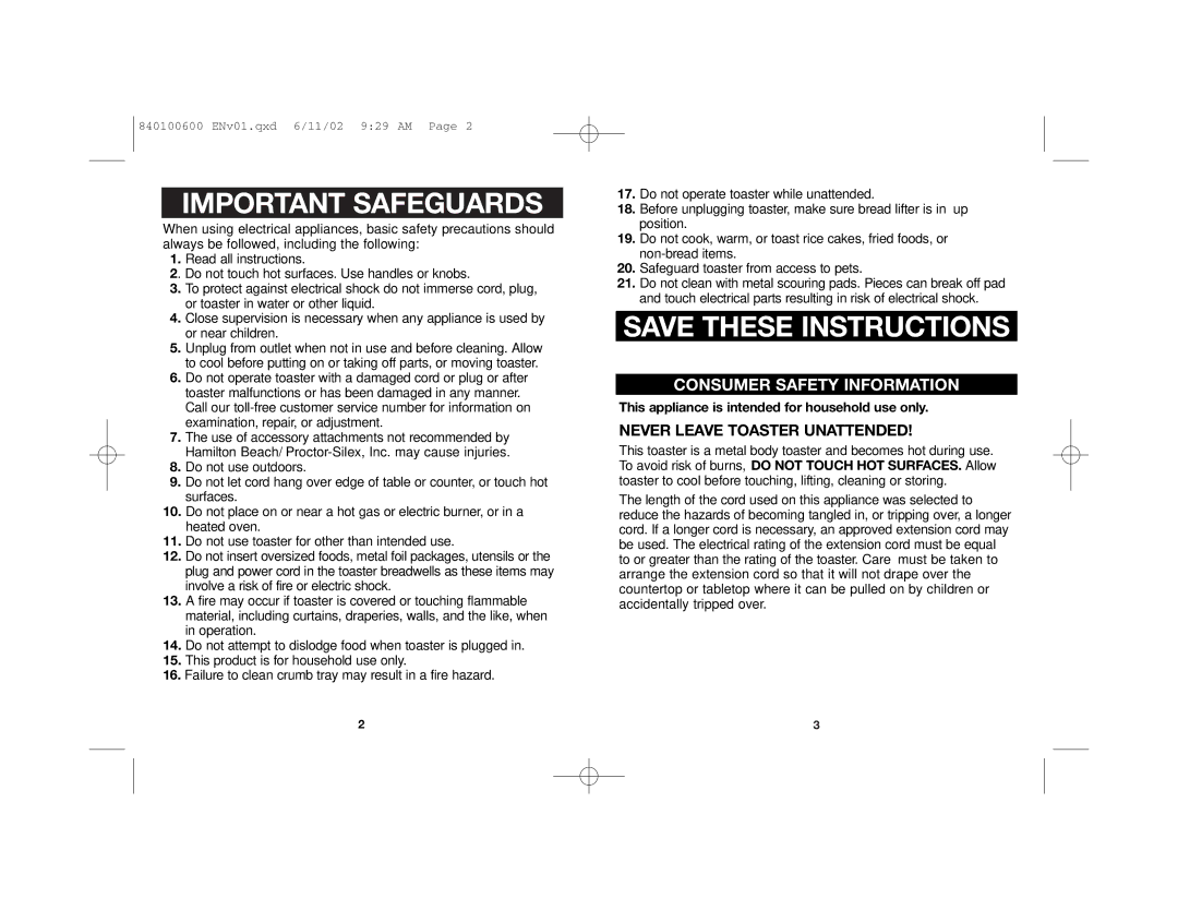 Hamilton Beach 840100600 manual Important Safeguards 