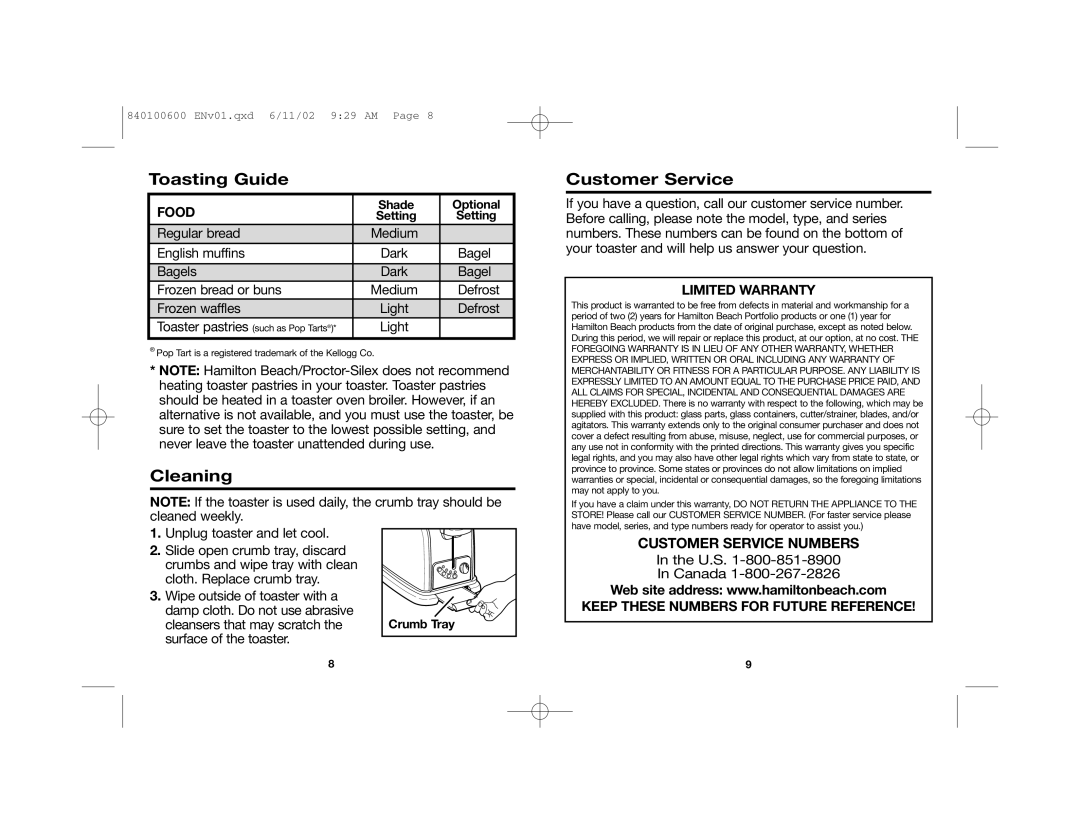 Hamilton Beach 840100600 manual Toasting Guide, Cleaning Customer Service 