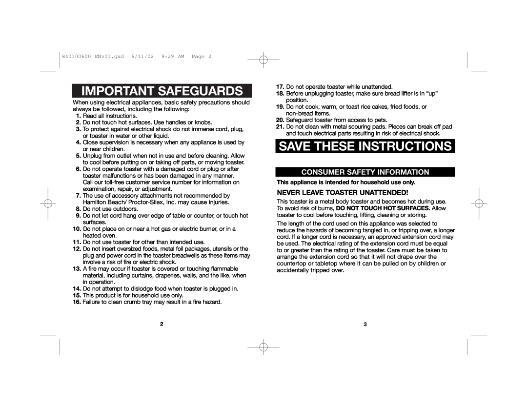 Hamilton Beach 840100600 manual Important Safeguards, Save These Instructions, Consumer Safety Information 