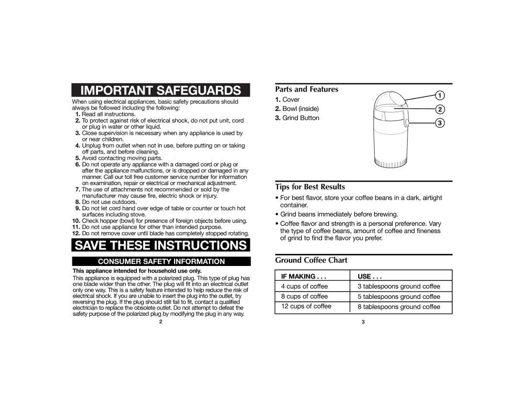 Hamilton Beach 840101100 manual Parts and Features, Tips for Best Results, Ground Coffee Chart 