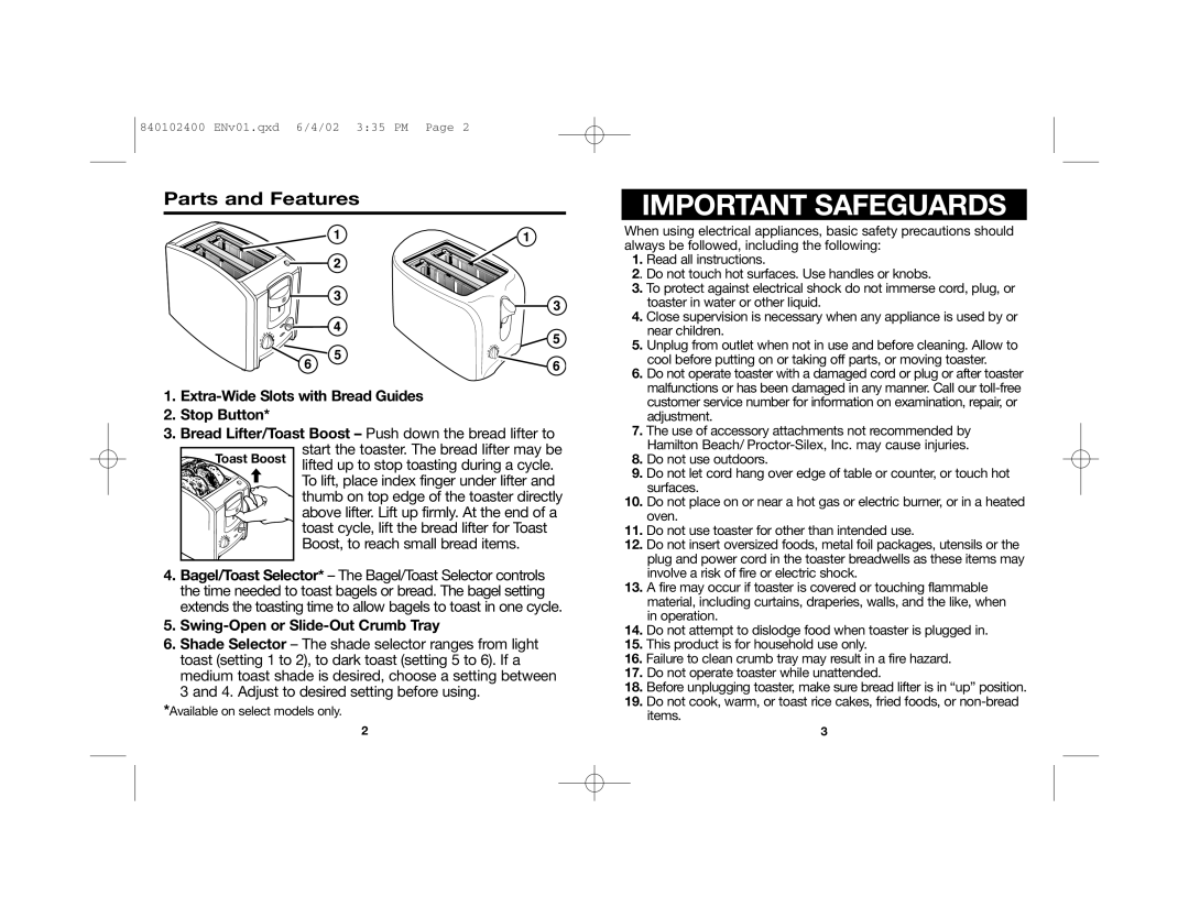 Hamilton Beach 840102400 manual Parts and Features, Extra-Wide Slots with Bread Guides Stop Button 
