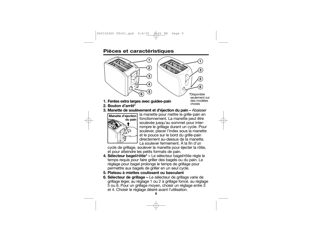 Hamilton Beach 840102400 manual Pièces et caractéristiques, Fentes extra larges avec guides-pain Bouton d’arrêt 