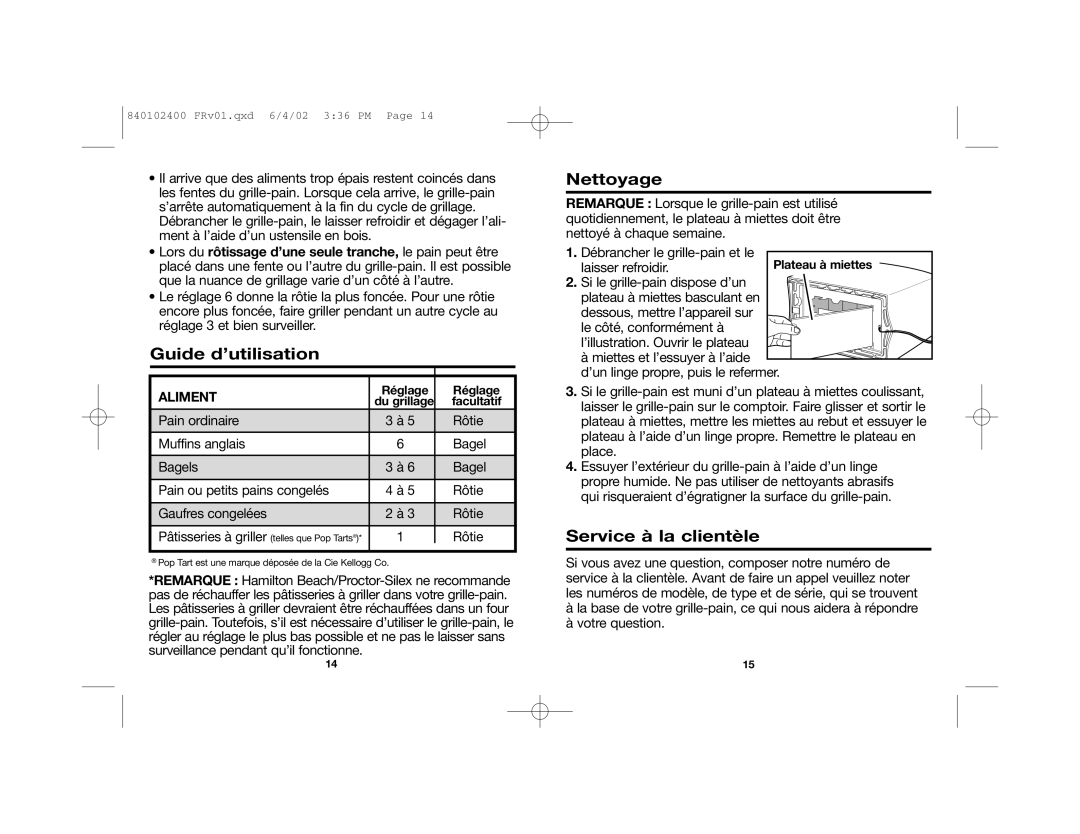 Hamilton Beach 840102400 manual Guide d’utilisation, Nettoyage, Service à la clientèle 