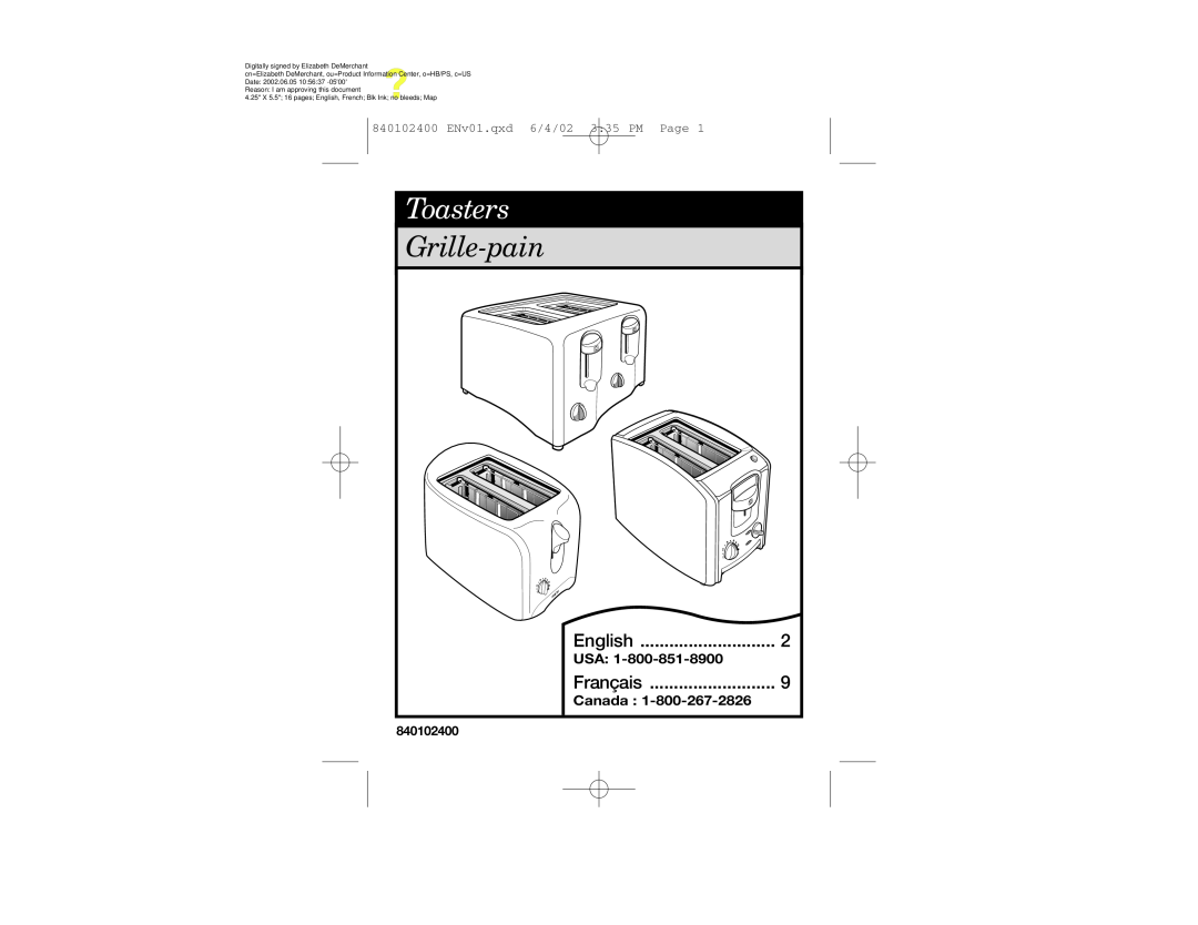 Hamilton Beach manual Toasters, Grille-pain, English, Français, 840102400 ENv01.qxd, 6/4/02 3 35 PM, Page 