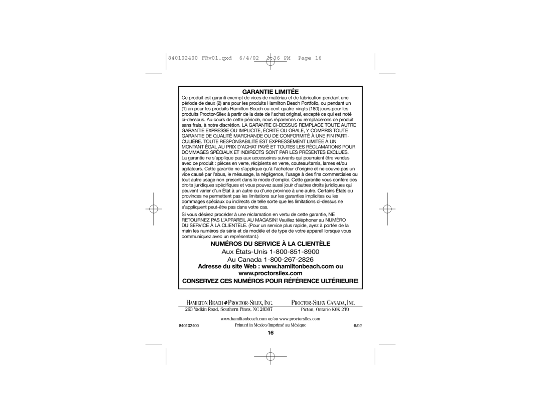 Hamilton Beach 840102400 manual Aux États-Unis Au Canada, Garantie Limitée, Numéros Du Service À La Clientèle 