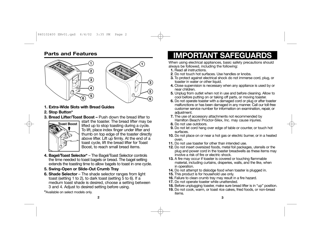 Hamilton Beach 840102400 manual Important Safeguards, Parts and Features 