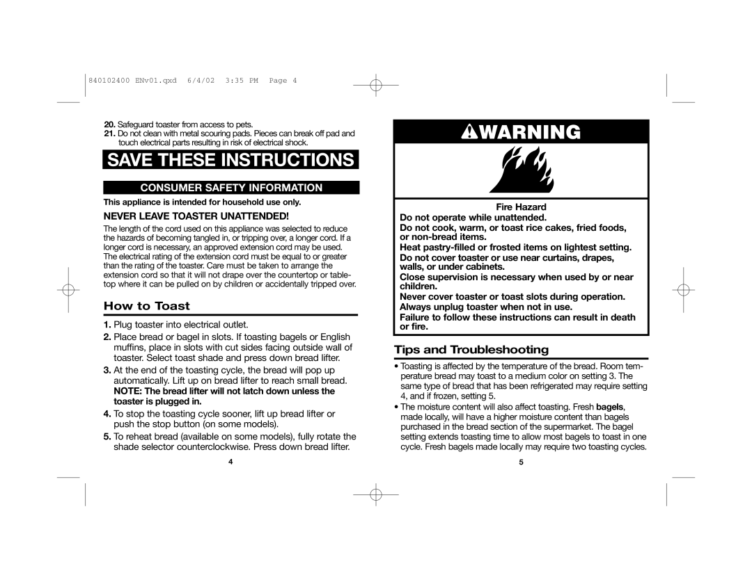 Hamilton Beach 840102400 manual wWARNING, Save These Instructions, How to Toast, Tips and Troubleshooting 