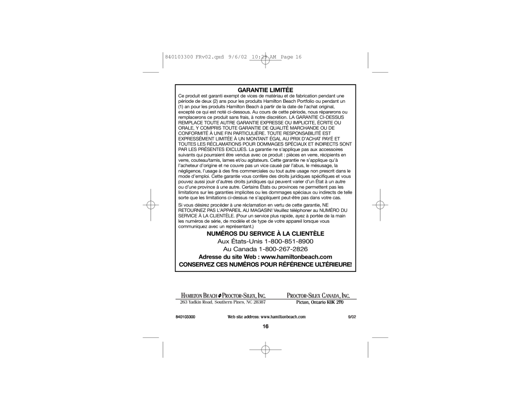 Hamilton Beach manual Aux États-Unis Au Canada, 840103300 FRv02.qxd 9/6/02 10 29 AM Page, Proctor-Silex,Inc 