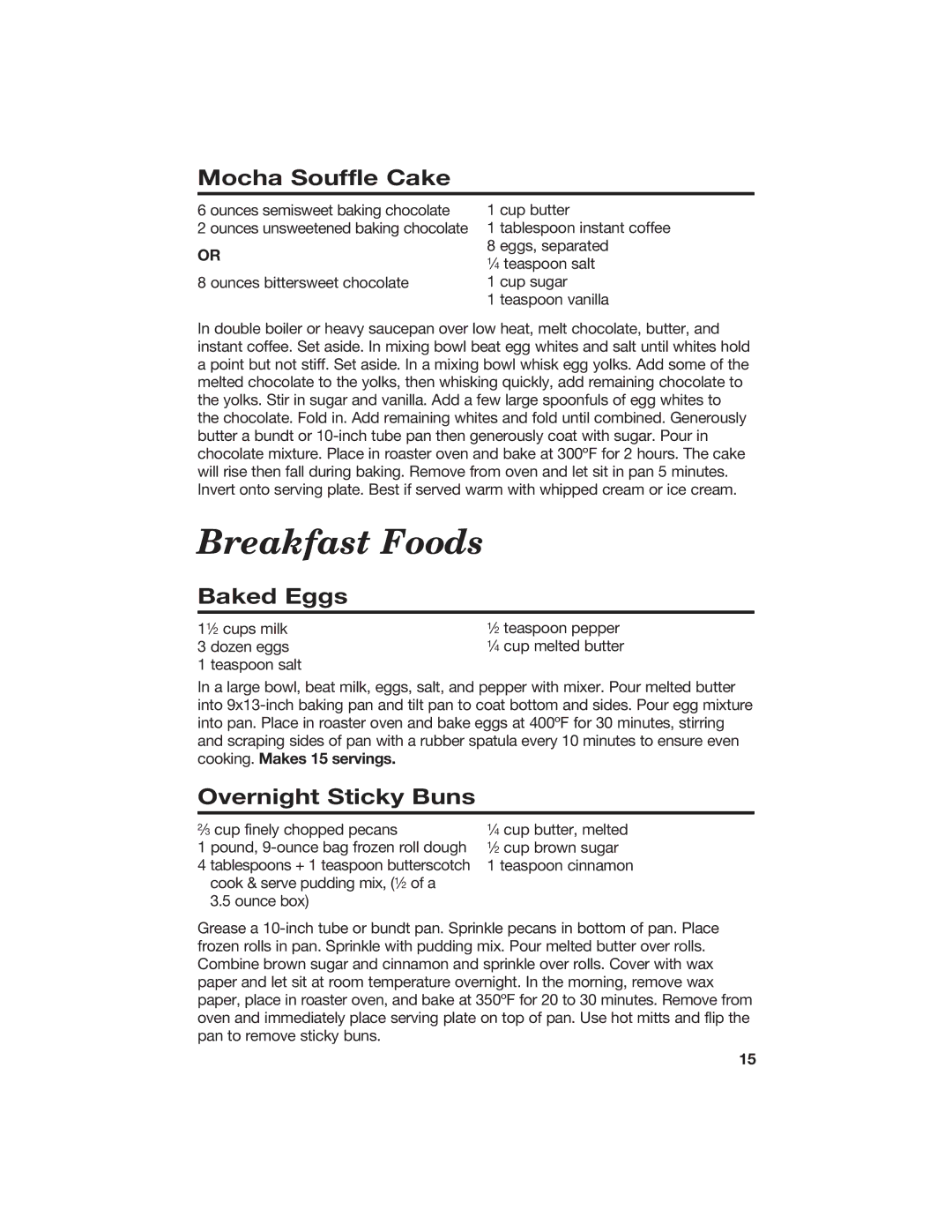 Hamilton Beach 840104300 manual Breakfast Foods, Mocha Souffle Cake, Baked Eggs, Overnight Sticky Buns 