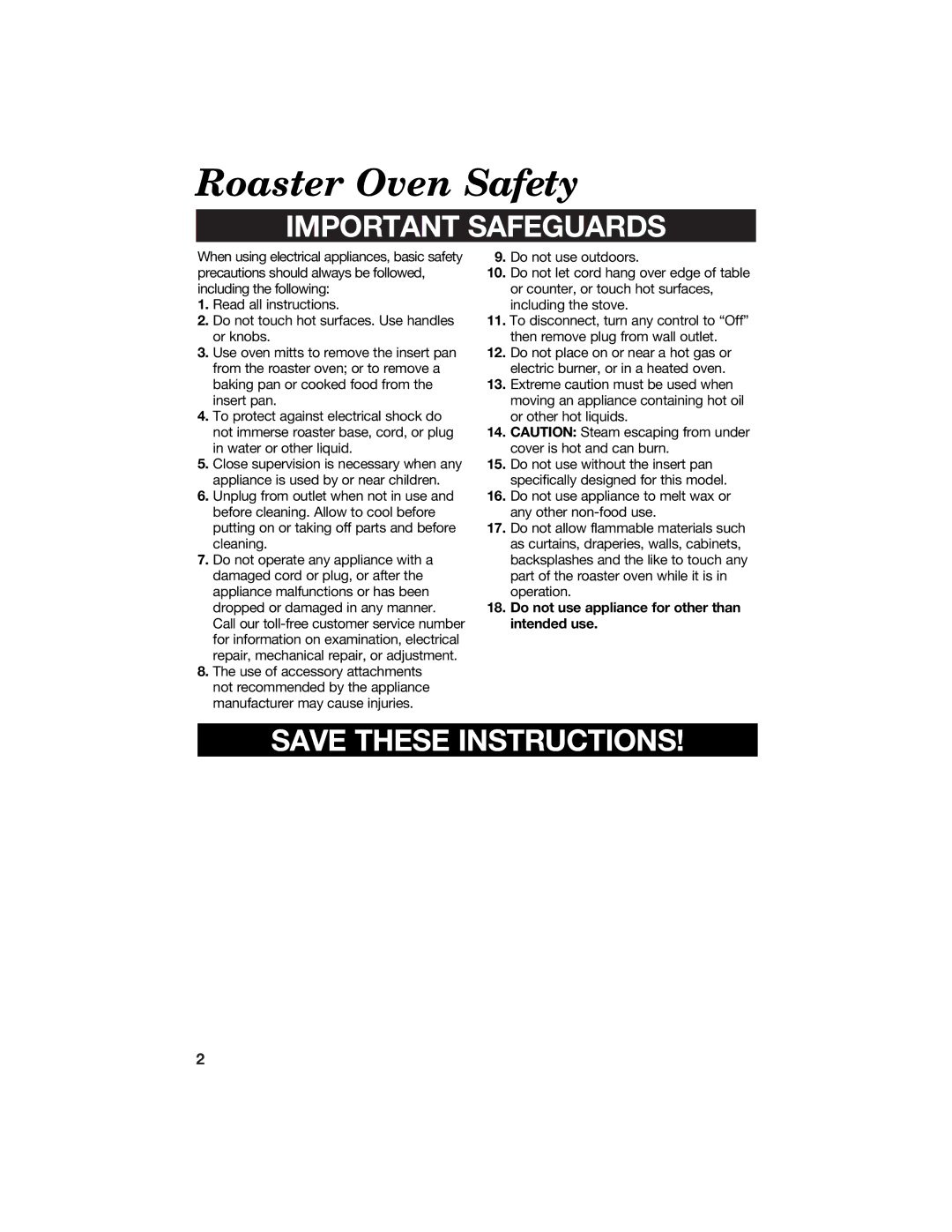 Hamilton Beach 840104300 manual Roaster Oven Safety, Important Safeguards 