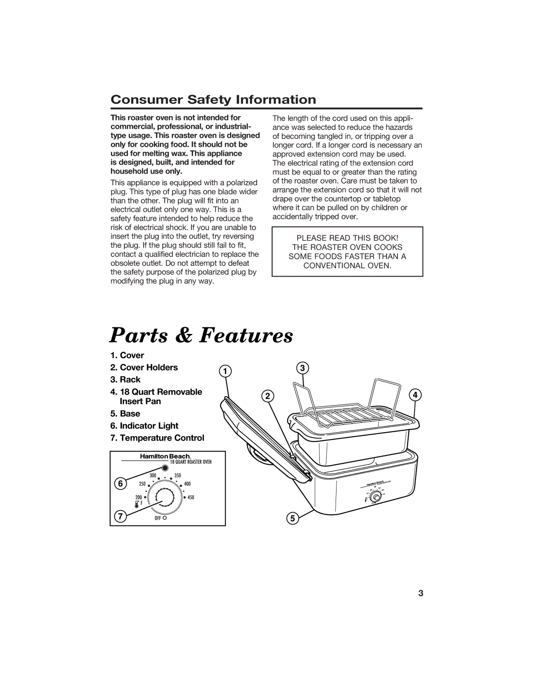 Hamilton Beach 840104300 manual Parts & Features, Consumer Safety Information 