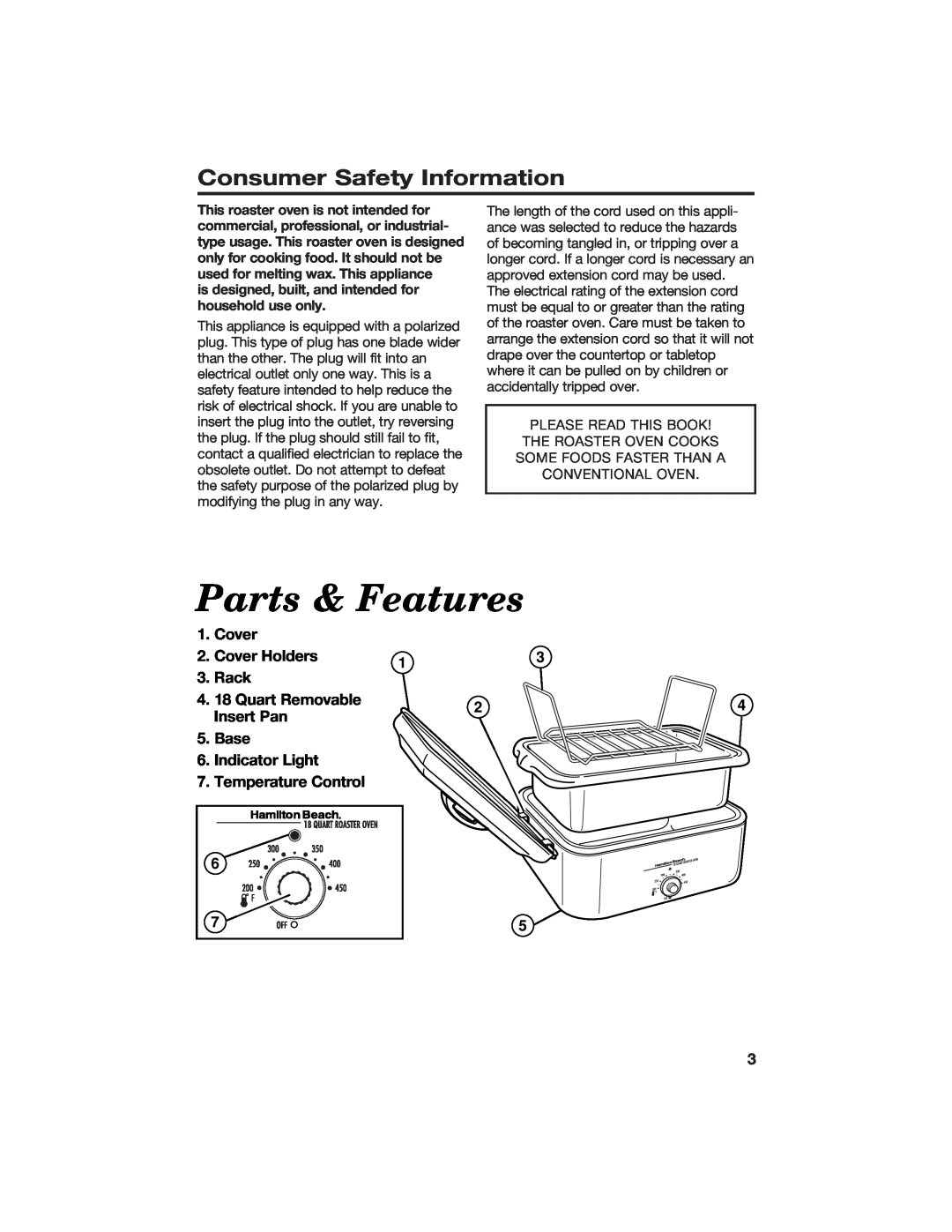 Hamilton Beach 840104300 manual Parts & Features, Consumer Safety Information, Cover 2. Cover Holders 3. Rack 
