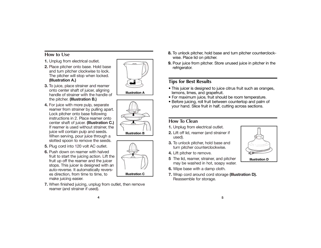 Hamilton Beach 840104600 manual How to Use, Tips for Best Results, How To Clean, Illustration a, Pitcher. Illustration B 