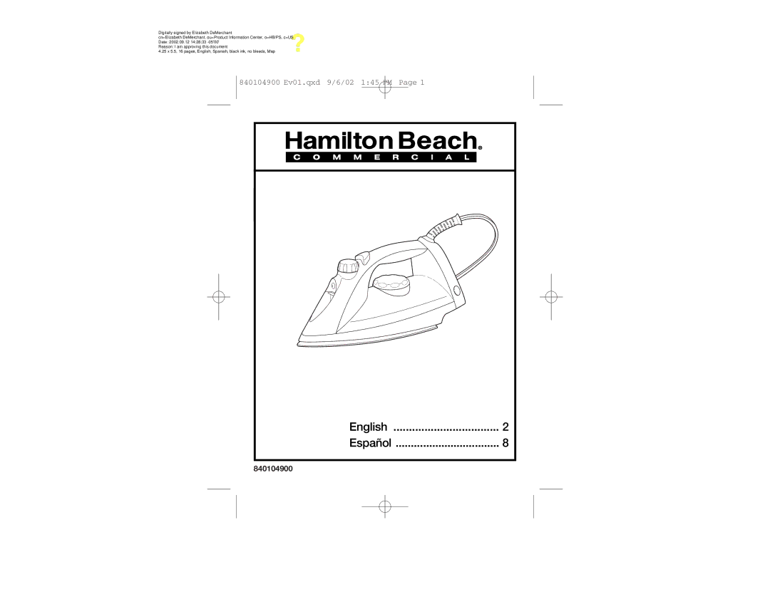 Hamilton Beach 840104900 manual English Español 