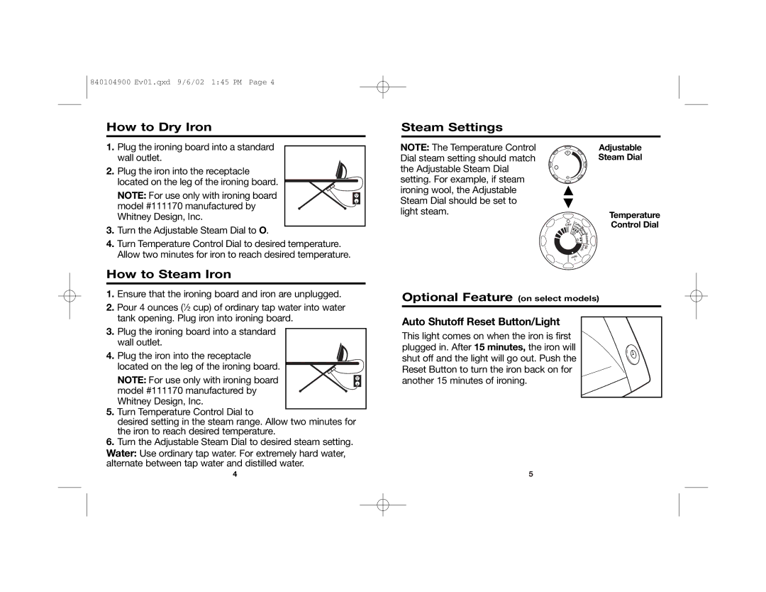 Hamilton Beach 840104900 manual How to Dry Iron Steam Settings, How to Steam Iron, Optional Feature on select models 