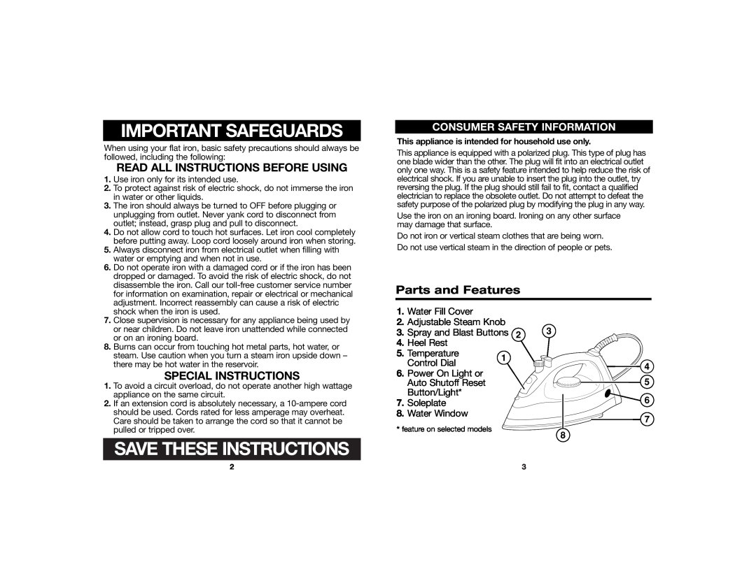 Hamilton Beach 840105500 manual Parts and Features, Important Safeguards, Save These Instructions, Special Instructions 