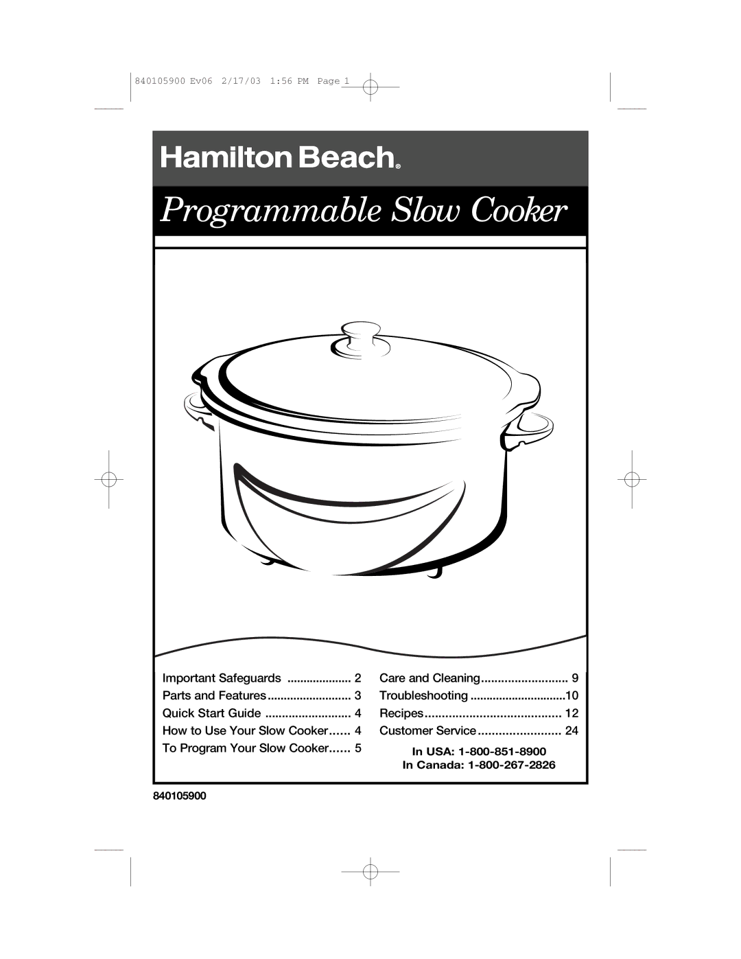 Hamilton Beach 840105900 quick start Programmable Slow Cooker 