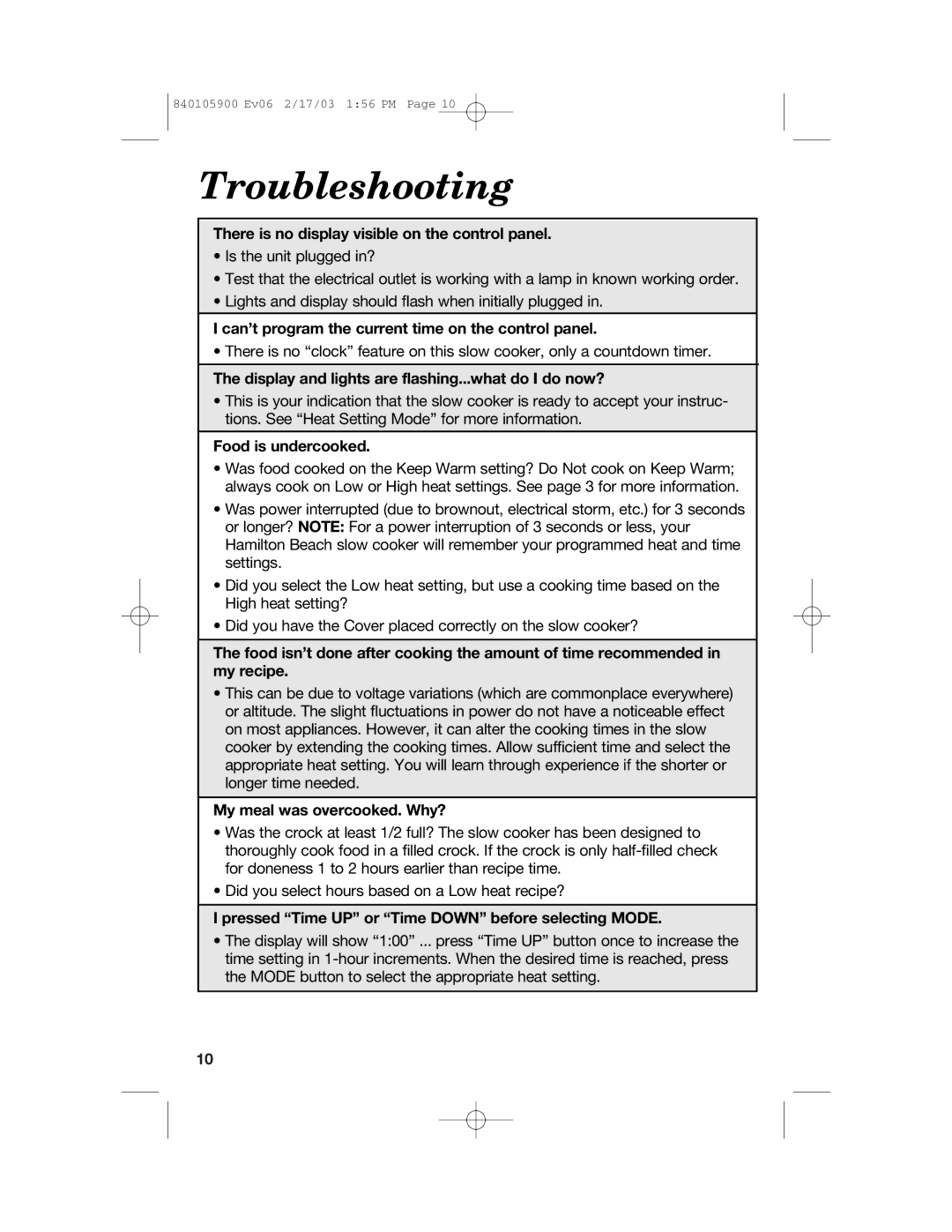 Hamilton Beach 840105900 quick start Troubleshooting 