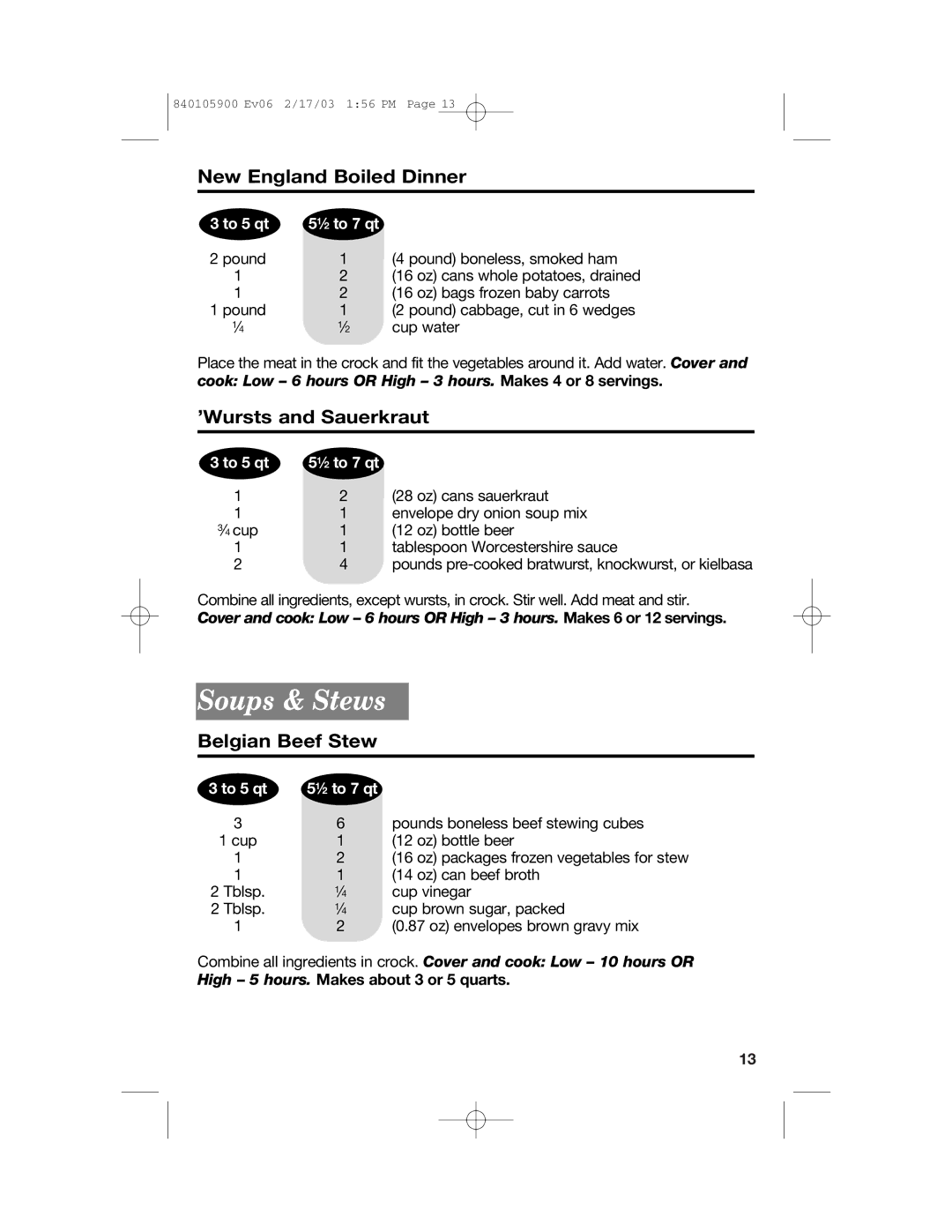 Hamilton Beach 840105900 quick start Soups & Stews, New England Boiled Dinner, ’Wursts and Sauerkraut, Belgian Beef Stew 