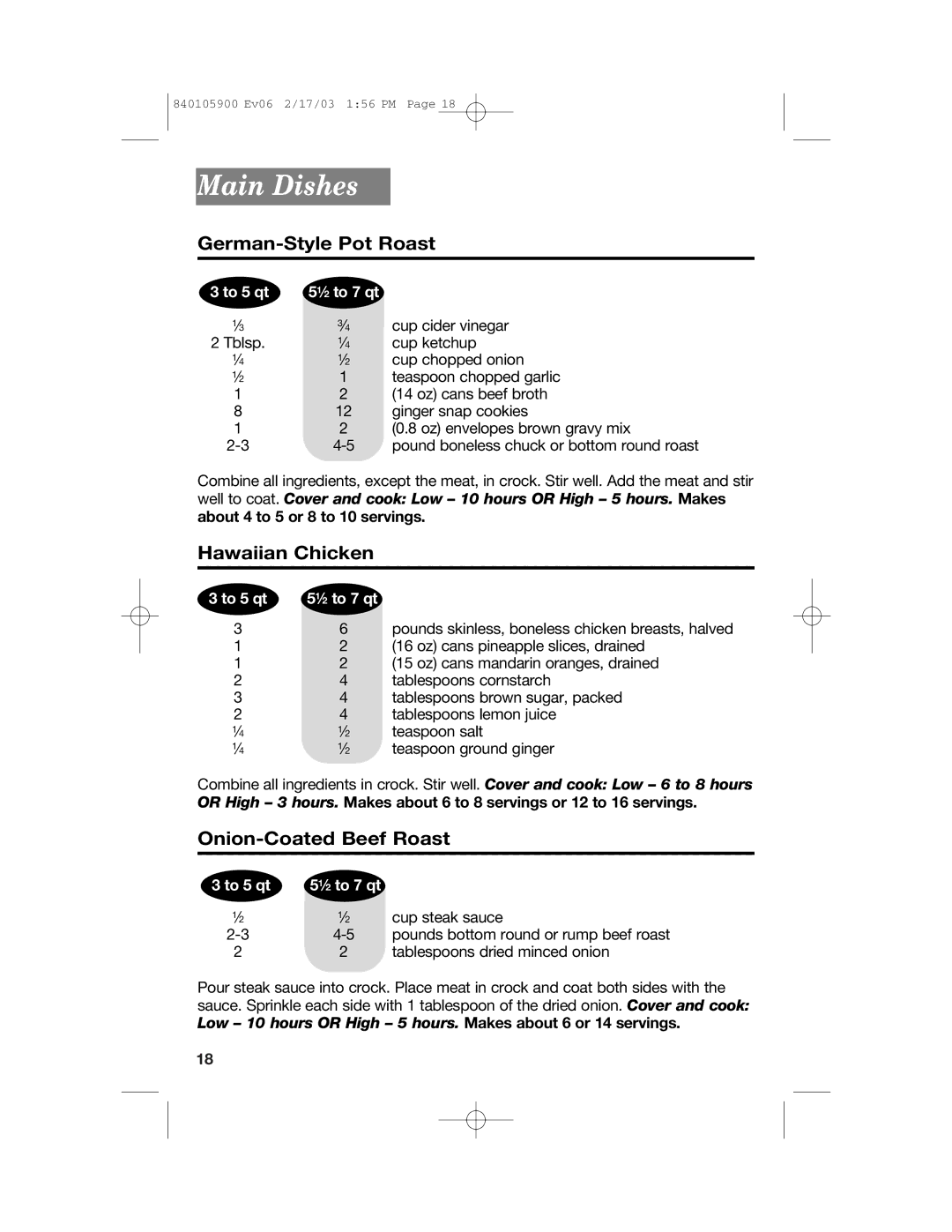 Hamilton Beach 840105900 quick start Main Dishes, German-Style Pot Roast, Hawaiian Chicken, Onion-Coated Beef Roast 