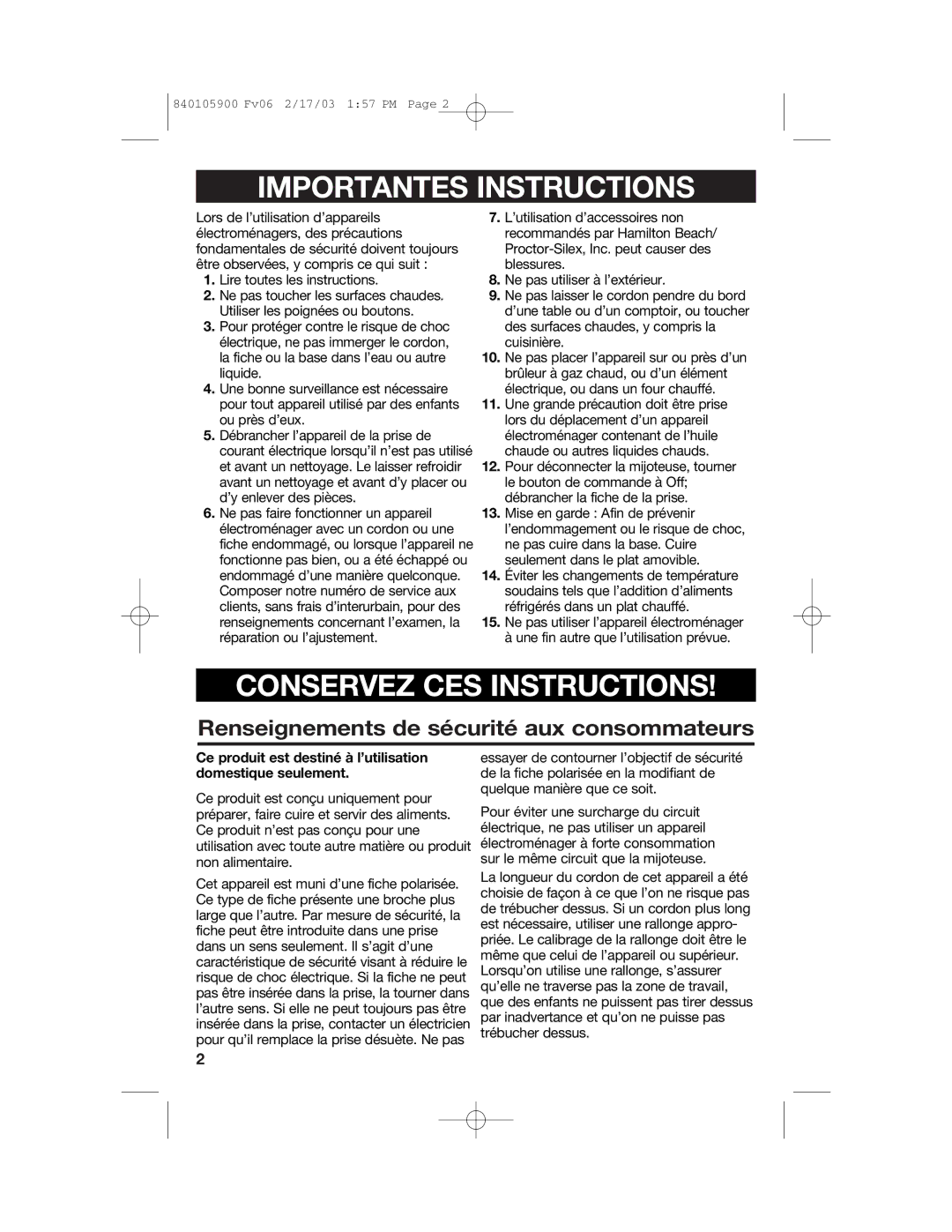 Hamilton Beach 840105900 quick start Importantes Instructions, Renseignements de sécurité aux consommateurs 