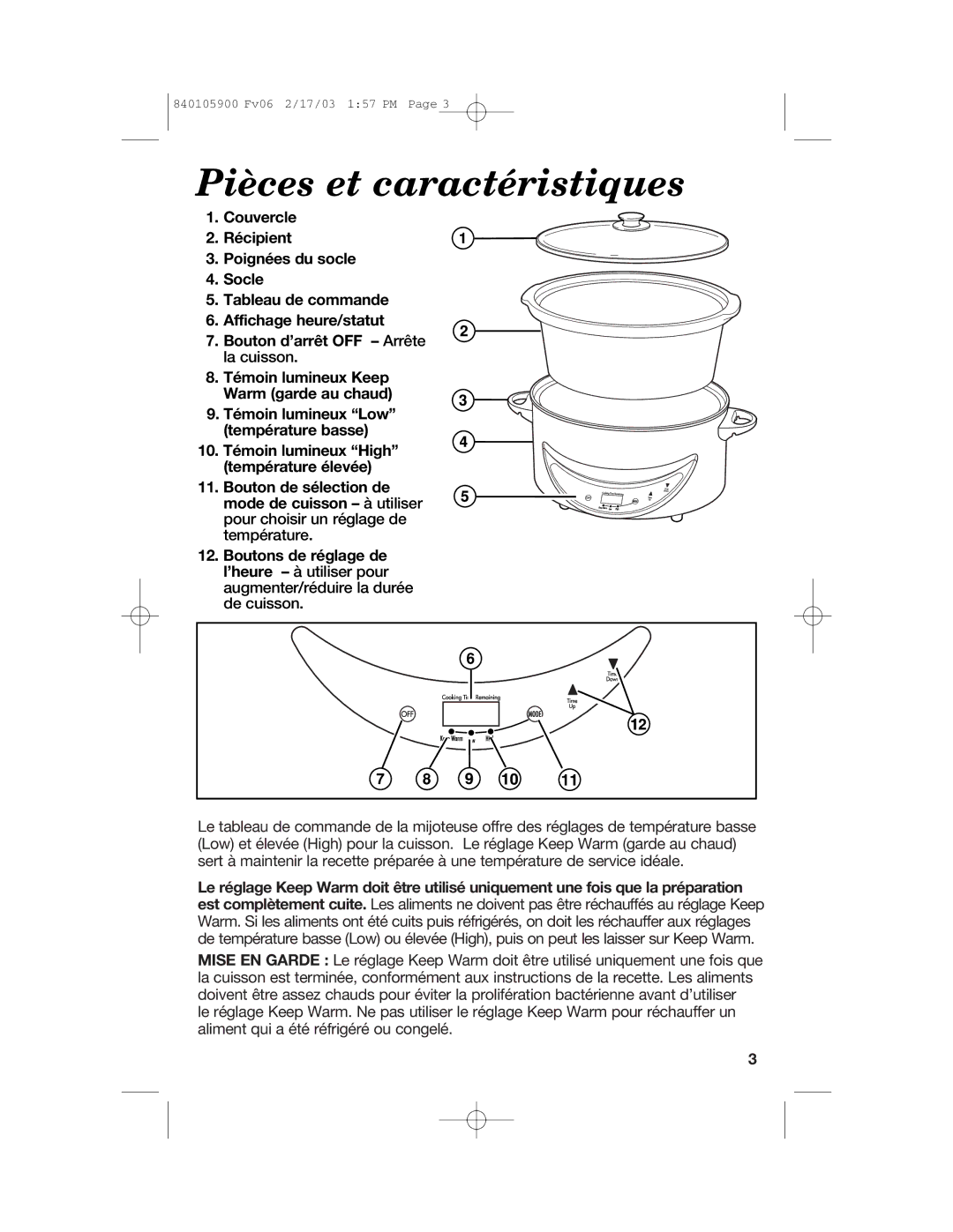 Hamilton Beach 840105900 quick start Pièces et caractéristiques 