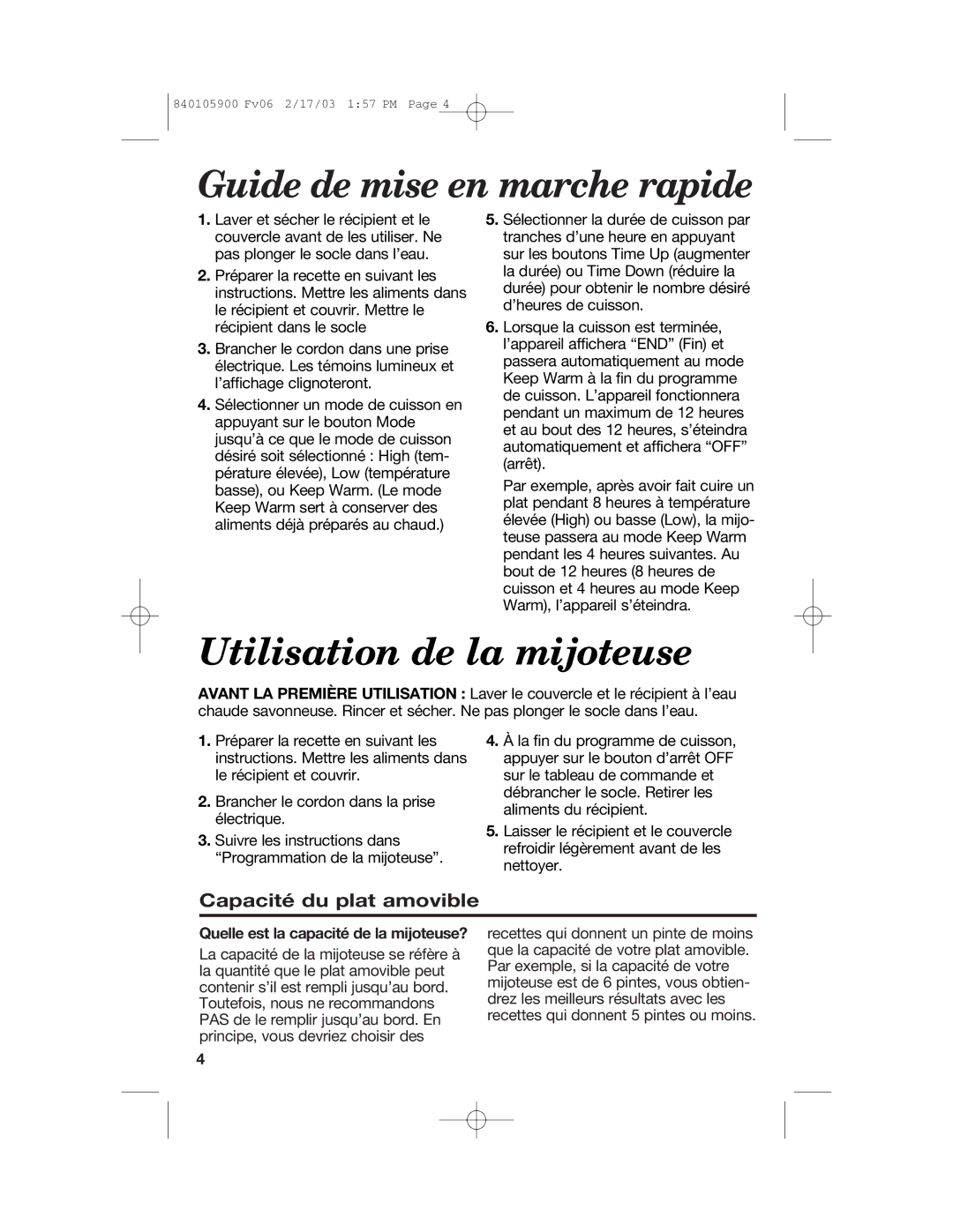 Hamilton Beach 840105900 quick start Guide de mise en marche rapide, Utilisation de la mijoteuse, Capacité du plat amovible 