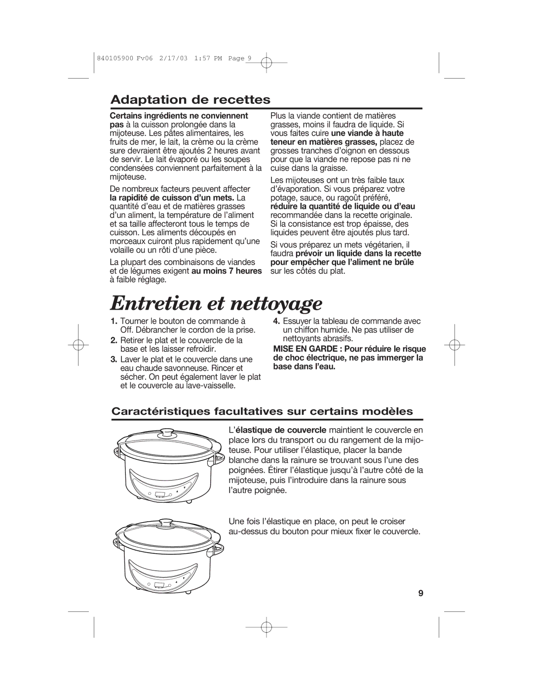 Hamilton Beach 840105900 quick start Adaptation de recettes, Caractéristiques facultatives sur certains modèles 