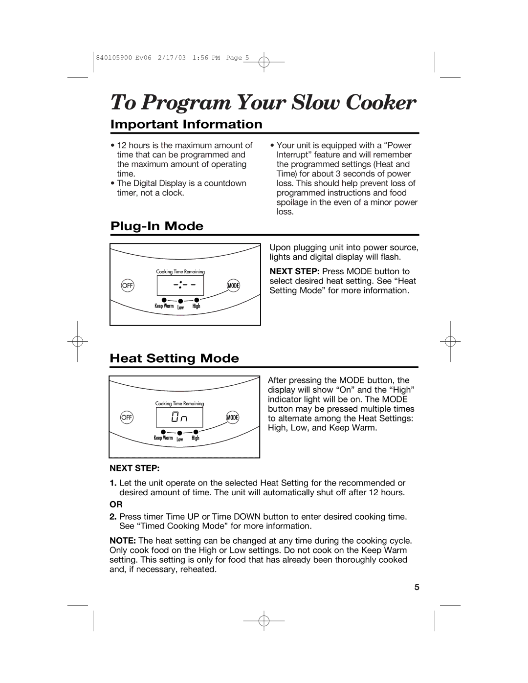 Hamilton Beach 840105900 quick start To Program Your Slow Cooker, Important Information, Plug-In Mode, Heat Setting Mode 