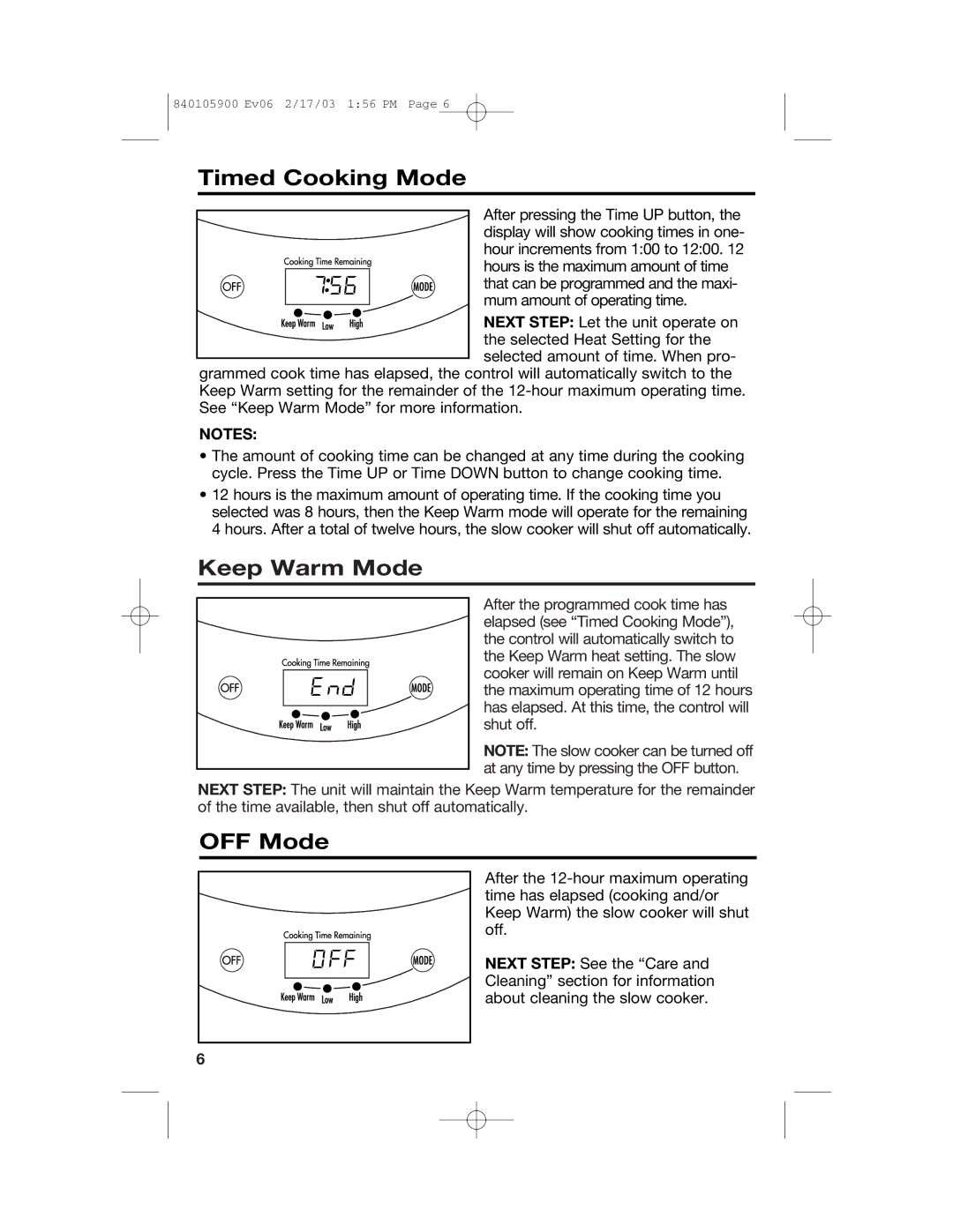 Hamilton Beach 840105900 quick start Timed Cooking Mode, Keep Warm Mode, OFF Mode 