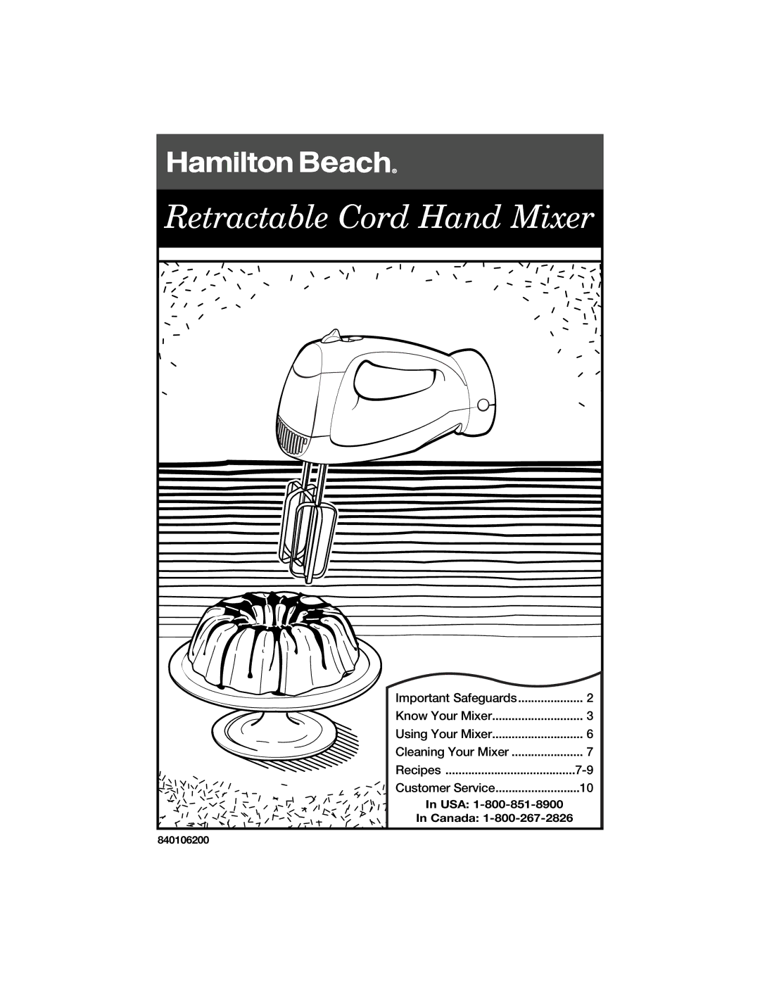 Hamilton Beach 840106200 manual Retractable Cord Hand Mixer 