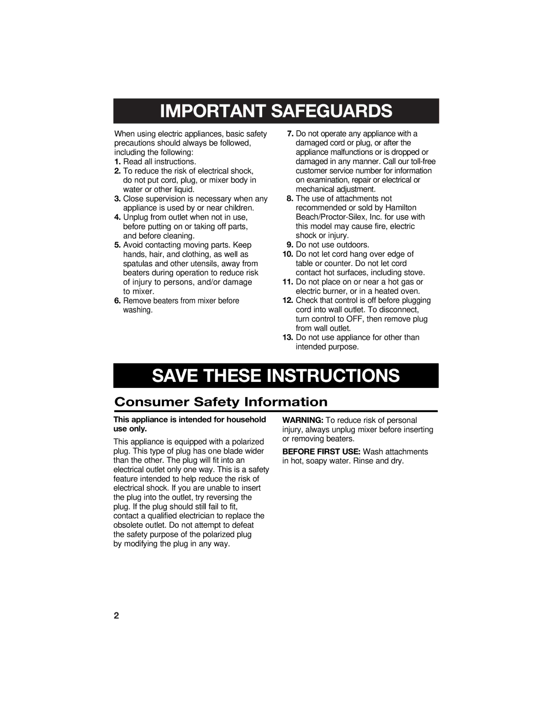 Hamilton Beach 840106200 manual Important Safeguards, Consumer Safety Information 