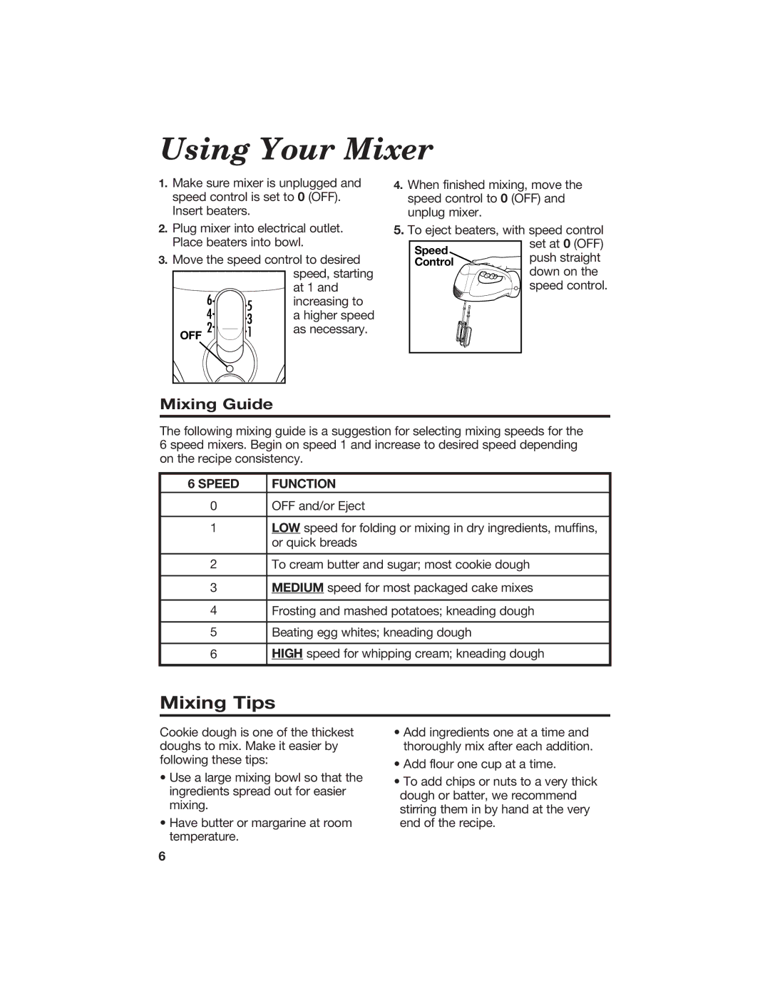 Hamilton Beach 840106200 manual Using Your Mixer, Mixing Tips, Mixing Guide, Speed Function 